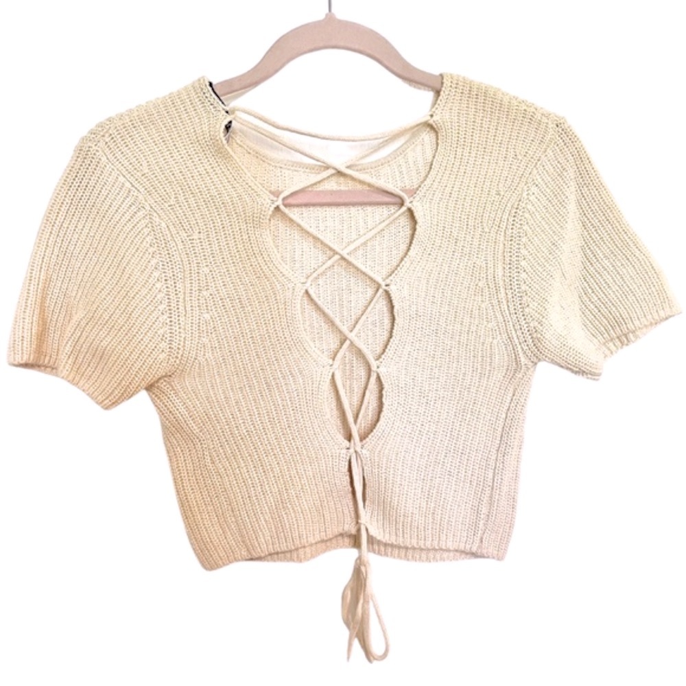 NWOT Zara Cream Knit Shortsleeve Top with Back Straps - Picture 2 of 5